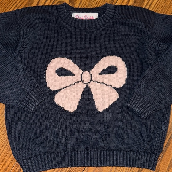 Girl’s Navy Crewneck Knit Pink Bow Sweater Top 4 - Picture 3 of 5